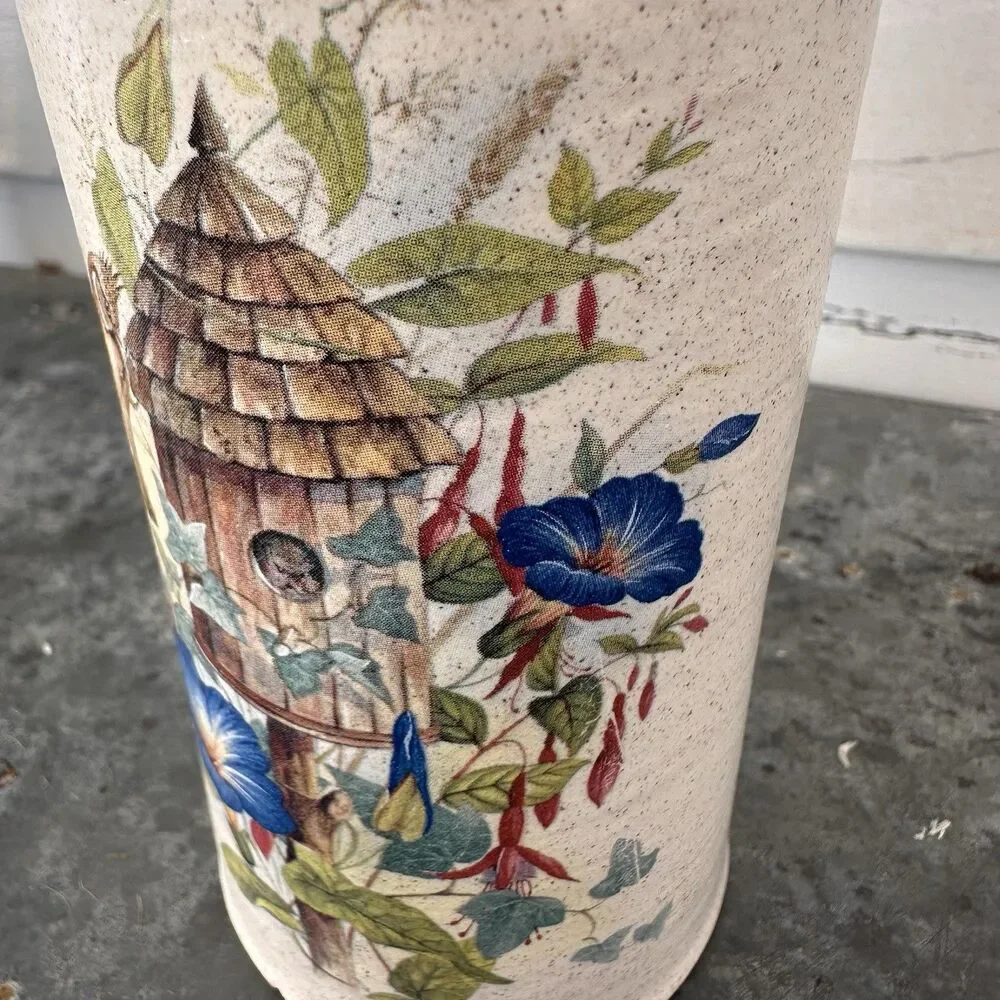 Vintage Home Garden Party Stoneware Soap Lotion Dispenser Birdhouse Flowers
